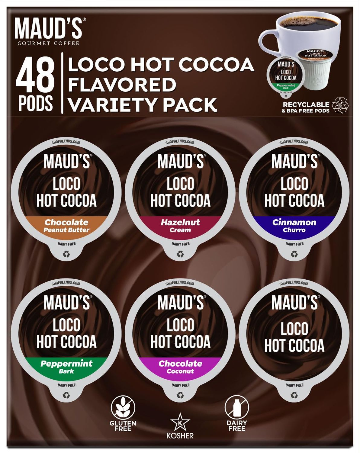 Mauds Flavored Hot Chocolate Variety Pack, 48ct, Recyclable Single Serve Pods, Compatible with Keurig K Cups Maker