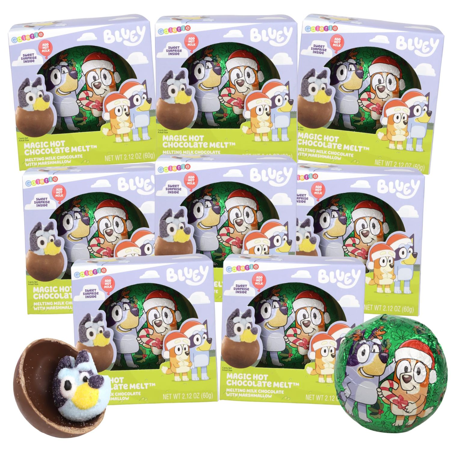 Galerie Christmas Bluey Hot Chocolate Balls, Jumbo Cartoon Marshmallow Inside, Holiday Drink Melts, Stocking Stuffer Gifts, 2.12 Ounces Each Pack of 8