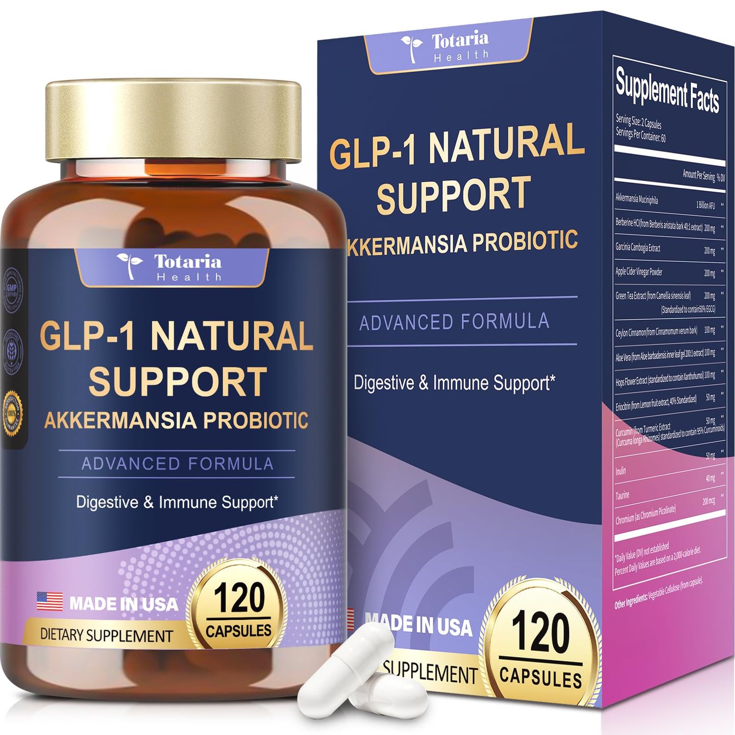 13 in 1 GLP-1 Natural Support, GLP-1 Supplement with Akkermansia Probiotic, Berberine HCI, Garcinia Cambogia, Apple Cider Vinegar, Green Tea Extract, 120 Capsules