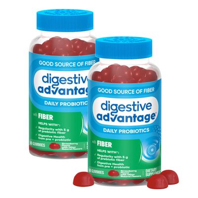 Digestive Advantage Prebiotic Fiber Supplement Strawberry Flavor Gummies with Probiotics for Women Men Digestive Health, Adults Regularity and Gut Health, 60 Count 2 Pack