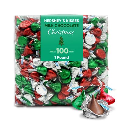 Kisses Holiday Milk Chocolate Candy 1 Pounds approx 100 pieces - Individually Wrapped Candy in Festive Red, Green Silver Foils - Perfect as Stocking Stuffers and Party Favors at Christmas