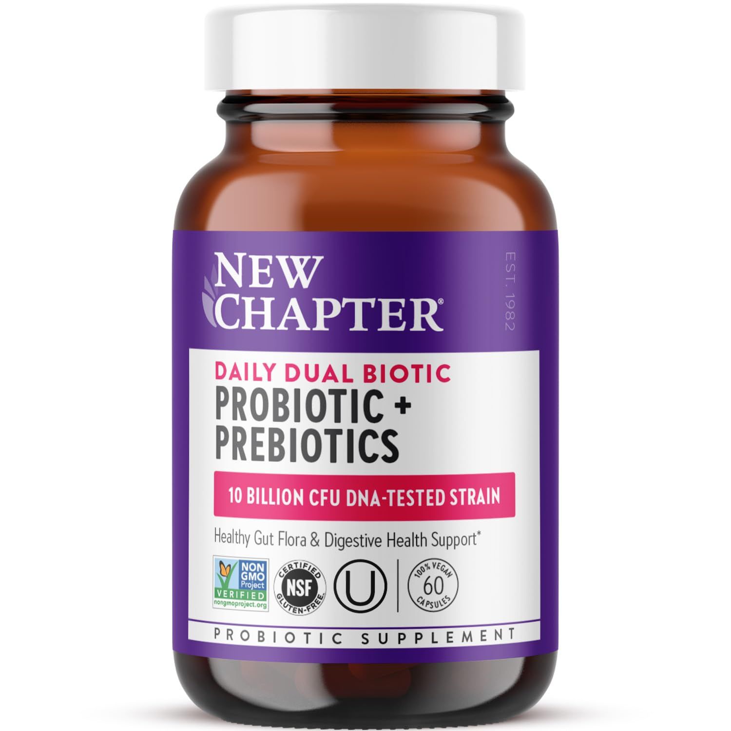 New Chapter Daily Dual Biotic Probiotic Prebiotic for Digestion Microbiome Health, 100 Vegan, Soy Free, Non-GMO, 60 Count 2 Month Supply