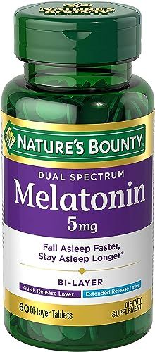 Natures Bounty Melatonin 5mg Dual Spectrum, 100 Drug Free Sleep Supplement, Quick Release and Extended Release, Promotes Relaxation and Sleep Health, 60 Bi-Layer Tablets