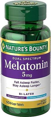 Natures Bounty Melatonin 5mg Dual Spectrum, 100 Drug Free Sleep Supplement, Quick Release and Extended Release, Promotes Relaxation and Sleep Health, 60 Bi-Layer Tablets