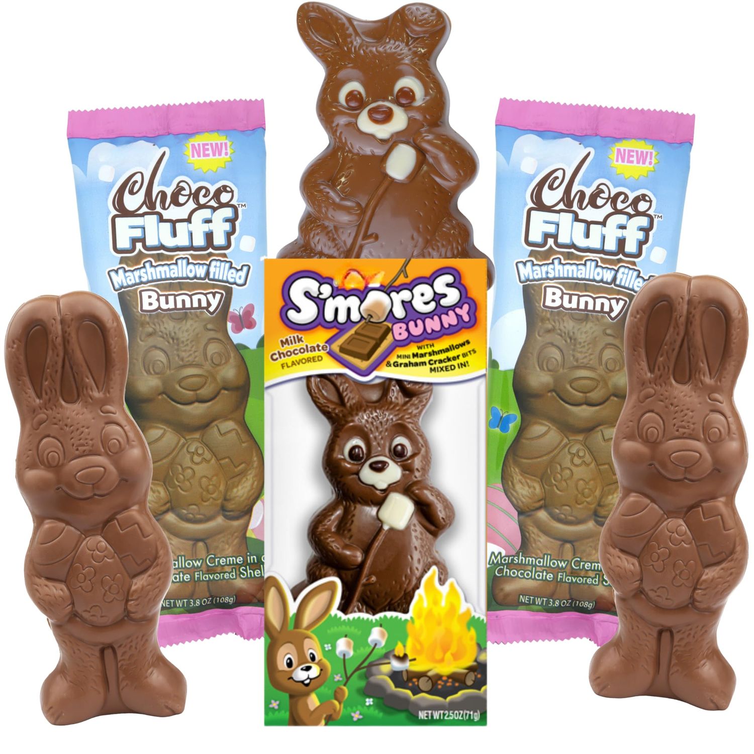 Easter Chocolate Bunny Gift Set, Choco Fluff Marshmallow-Filled and S mores Bunnies, Fun Basket Stuffers, 3 Count 2.5-3.8 oz