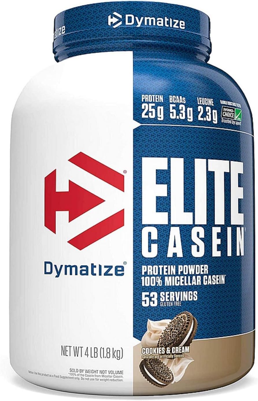 Dymatize Elite Casein Protein Powder, Slow Absorbing with Muscle Building Amino Acids, 100 Micellar Casein, 25g Protein, 5.4g BCAAs 2.3g Leucine, Helps Overnight Recovery, Cookies Cream, 4 Pound