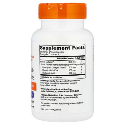 Doctors Best Hyaluronic Acid Chondroitin Sulfate, Supports Joint Skin Health, Non-GMO, Gluten Free, Soy Free 60 Veggie Capsules