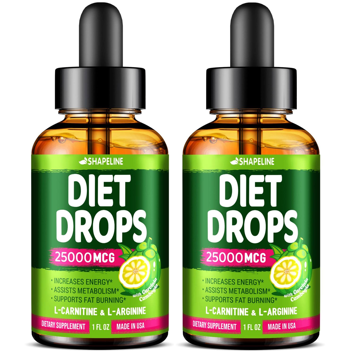 SHAPELINE Pack of 2 Diet Drops - Made in USA - Appetite Suppressant for Women Men - Natural Metabolism Booster - Diet Drops with Garcinia Cambogia, L-Arginine L-Glutamine 1 Fl Oz