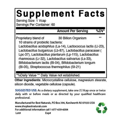 Best Naturals Probiotic 10 Strains 30 Billion CFU Intestinal Flora, 60 Veggie Capsules 60 Count Pack of 3