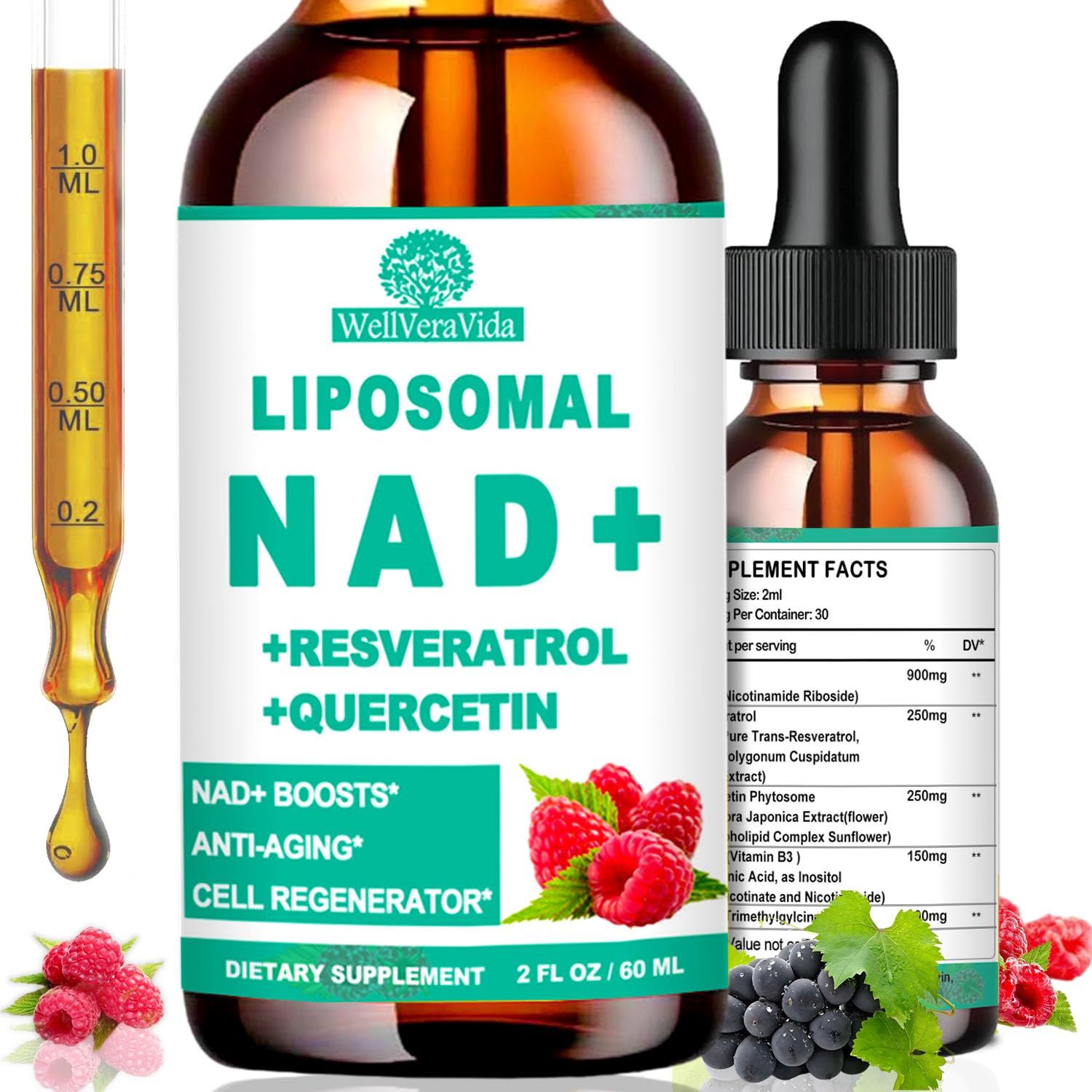 NAD Supplements for Women Men, Liposomal NAD Nicotinamide Riboside Resveratrol 900mg, TMG, Quercetin, Vitamin B3, Organic Liquid NAD Resveratrol Supplement for Longevity, Energy, Anti-Aging, Focus
