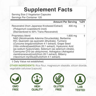 Resveratrol Complex 2,000mg, 240 Veggie Capsules - Extra Strength Trans-Resveratrol with NAD, Quercetin, Curcumin, Grape Seed More - Healthy Aging Antioxidant for Energy Brain Support