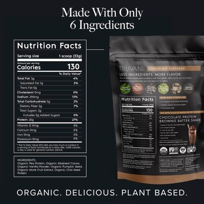 Truvani Vegan Pea Protein Powder Chocolate 20g Organic Plant Based Protein 10 Servings Keto Gluten Dairy Free Low Carb No Added Sugar