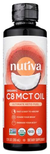 Nutiva Organic C8 MCT Oil, Ultimate Keto Fuel from Non-GMO Coconuts, 14g MCT 12 Fl Oz, USDA Organic, Whole 30, Vegan Gluten-Free, Energy Boost to Coffee, Shakes and Salads