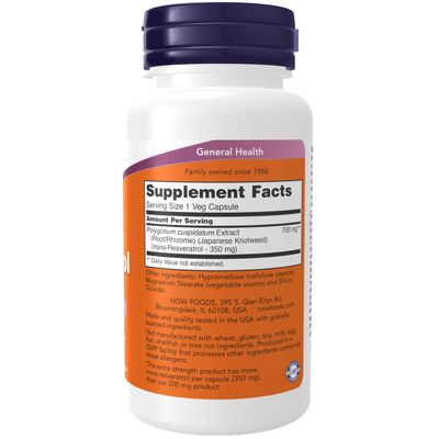 NOW Foods Supplements, Extra Strength Resveratrol 350mg, Natural Trans Resveratrol from 700 mg Japanese Knotweed Extract, 60 Veg Capsule