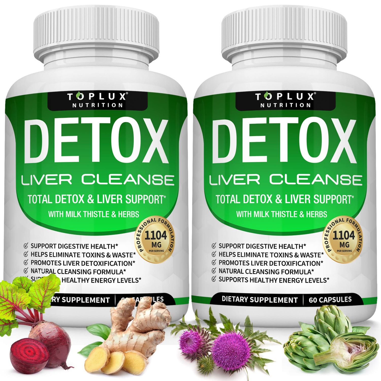 Detox Cleanse Liver Support Repair Formula - Liver Cleanser Natural 5 Day Detox, Support Digestion System, Flush Toxins Urinary Tract, Milk Thistle Extract 25 Herbs, 60 Capsules, Toplux Nutrition