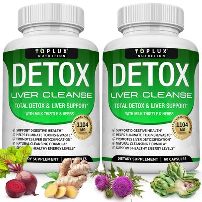 Detox Cleanse Liver Support Repair Formula - Liver Cleanser Natural 5 Day Detox, Support Digestion System, Flush Toxins Urinary Tract, Milk Thistle Extract 25 Herbs, 60 Capsules, Toplux Nutrition