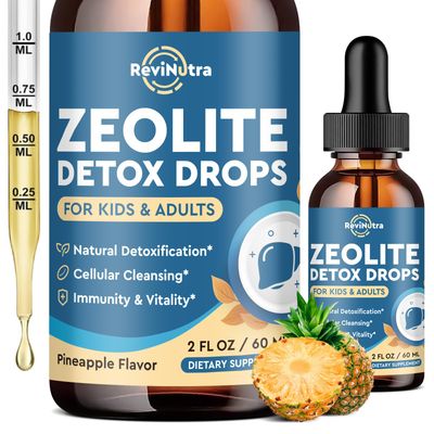 ReviNutra Zeolite Detox for Kids and Adults, Zeolite Clinoptilolite Liquid Drops with Chlorella, Magnesium, Zinc, Methy Vitamin B12 D3, Gut Liver Detox Cleanse, Immunity, Pineapple Flavor 2 Fl Oz