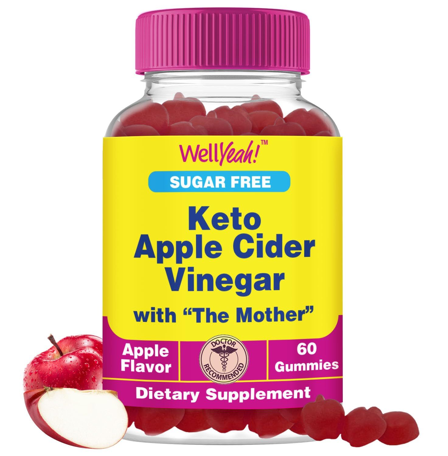 WellYeah Sugar Free Apple Cider Vinegar Gummies 500 mg Keto ACV Gummies Apple Cider Vinegar with Mother Vegan, Non GMO 60 Count