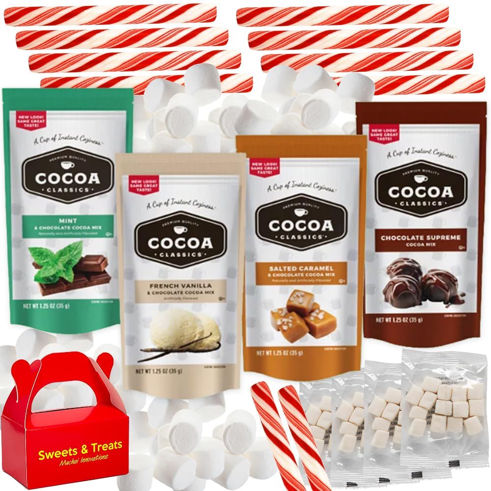 Hot Chocolate Cocoa Gift Basket Peppermint Stir Sticks, Mini Marshmallow Premium Cocoa Everyday Gift Original Pack, 4 Flavor Mint Chocolate Supreme Caramel French Vanilla