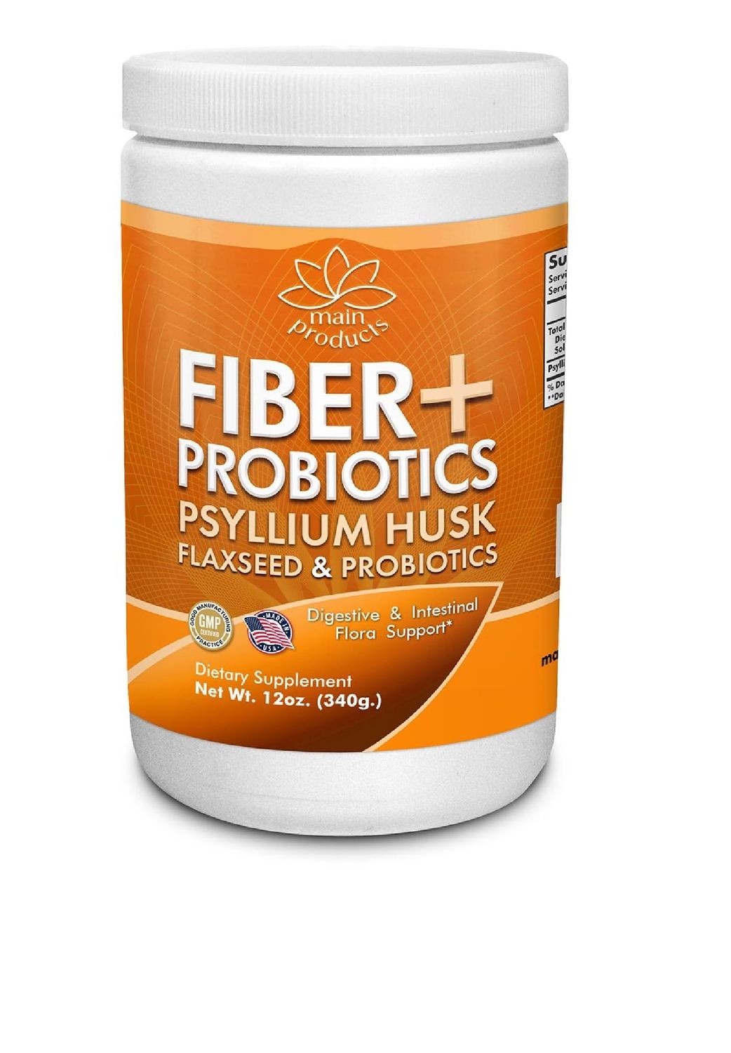 Main Products Fiber Probiotics 12 Oz 340g Psyllium Husk Flaxseed, Digestive and Intestinal Flora Support.
