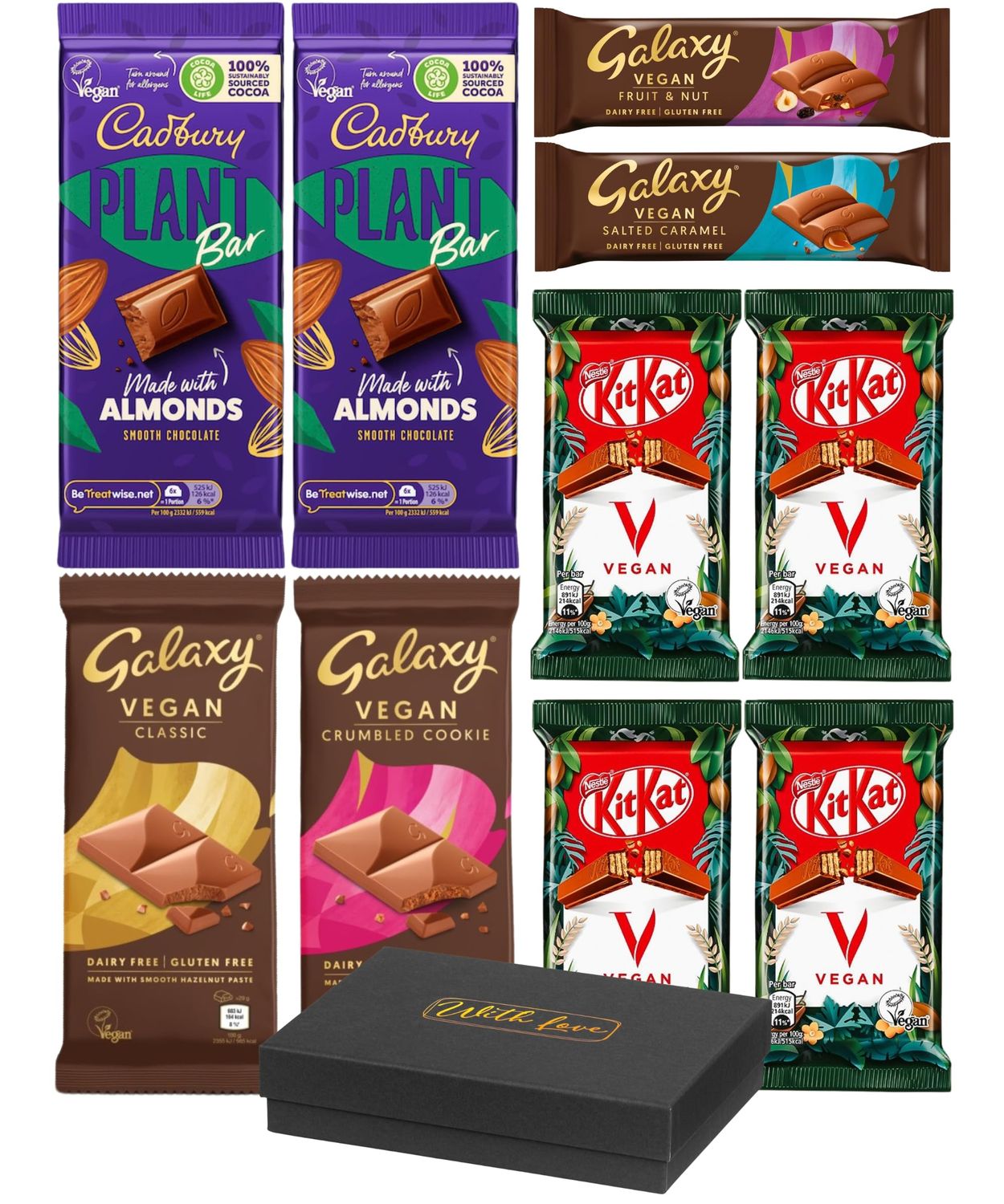 Vegan Chocolate Bar Selection Gift Box - 10 Bars of British Plant Based, Dairy Free Chocolate Candy - Including Cadburys Plant Bar, Galaxy and Kit Kat Vegan, 22oz in Total