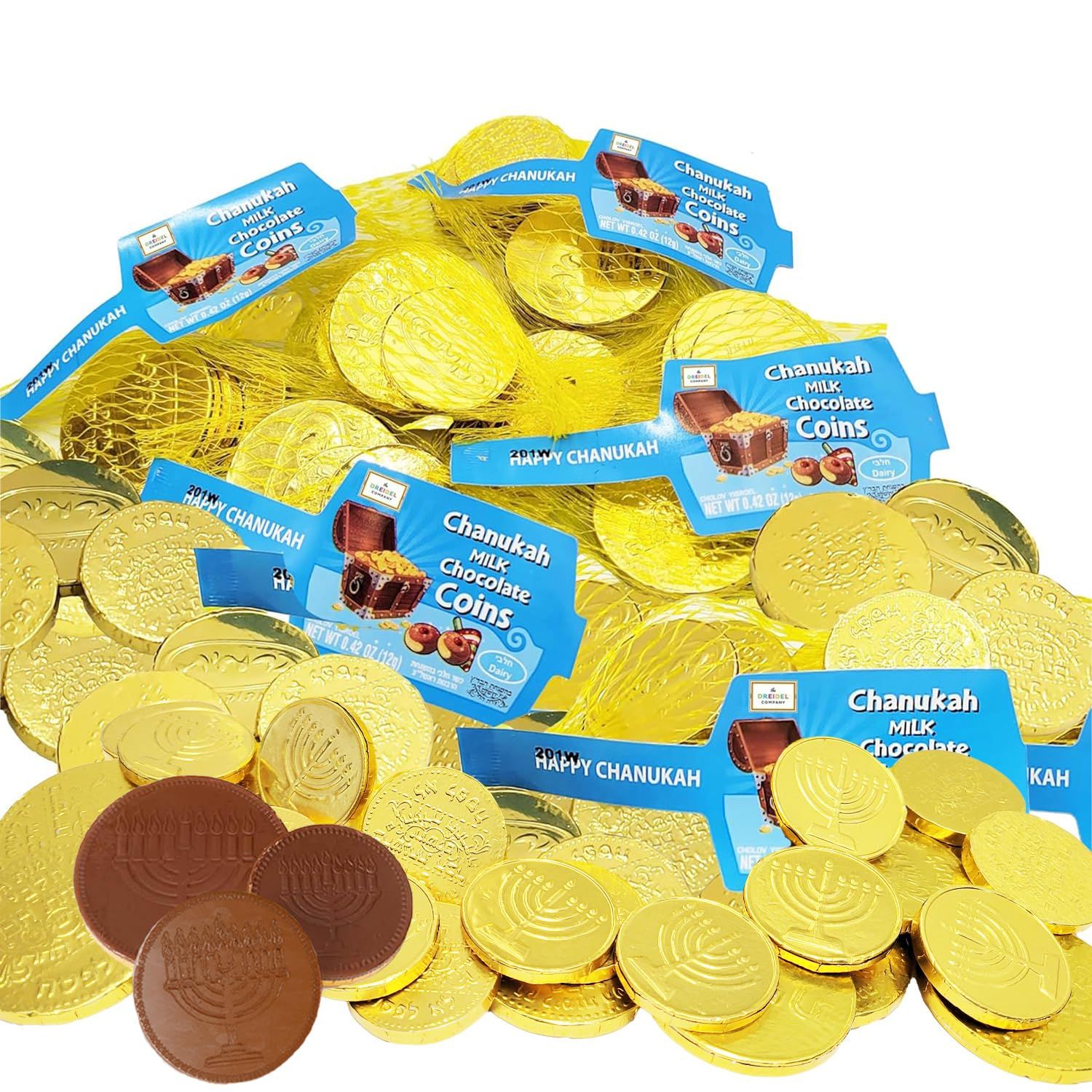 The Dreidel Company Hanukkah Chocolate Gelt, Milk Chocolate Coins, Made in Israel, Kosher Certified Cholov Yisroel Chanukah Coins Box, 0.42 oz each 12 Mesh Bags