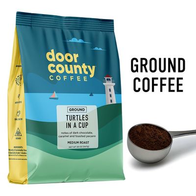 Door County Coffee, Turtles in a Cup, Toasted Pecans Chocolate Flavored Coffee, Medium Roast, Ground 20 oz Bags