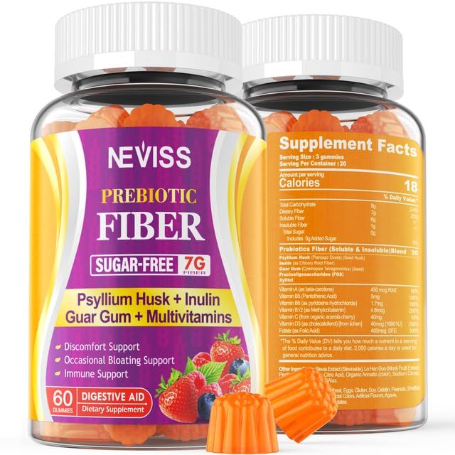 1Pack Fiber Gummies with Probiotics for Adults, 7G Soluble Fi ber Insoluble Fi ber, Sugar Free with Psyllium Husk, Inulin, Fos, Multivitamins for Daily Digestive Health, Regularity Gut Support