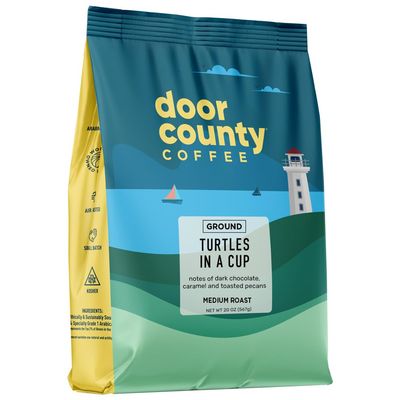 Door County Coffee, Turtles in a Cup, Toasted Pecans Chocolate Flavored Coffee, Medium Roast, Ground 20 oz Bags
