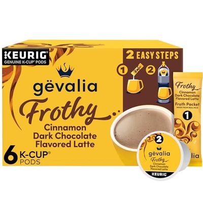 Gevalia Frothy 2-Step Cinnamon Dark Chocolate Flavored Latte Espresso Style Keurig K-Cup Coffee Pods Froth Packets Kit, 6 ct Box