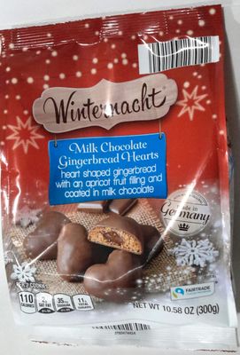 WINTERNACHT TRADITIONAL GERMAN MILK CHOCOLATE GINGERBREAD HEARTS - Heart Shaped Gingerbread Cookies with an Apricot Fruit Filling and Coated in Milk Chocolate