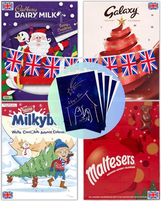 Chocolate Advent Calendar 2024 for Kids and Adults - British 4 Pack with Cadbury Dairy Milk, Galaxy, Maltesers and Milkybar - UK Chocolate Candy Favourites - With 4 Luxury Festive Greeting Cards