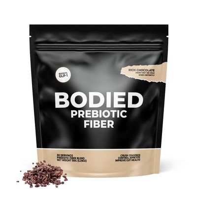BODIED Fiber Cocoa PREBIOTIC - Chocolate Flavored - Boost GLP-1, Psyllium Husk, SolNul, Gut Health, Digestion Immunity, Zero Added Sugar, Keto, Paleo Fasting Friendly 30 Servings.