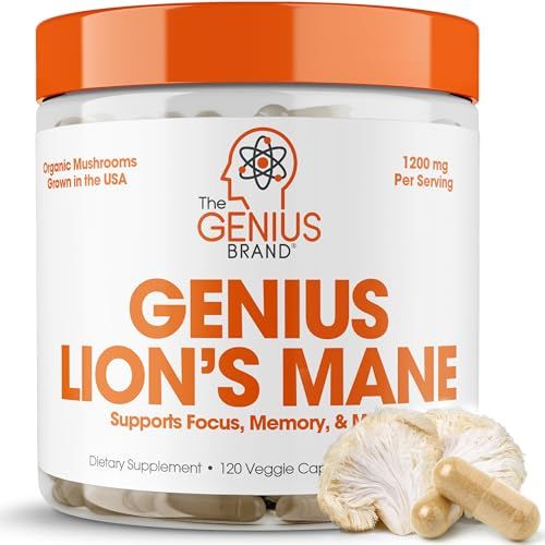 Genius Lion s Mane Supplement Capsules - Organic Full Spectrum Mushrooms for Cognition, Focus Memory - 1,200mg Per Serving, 120 Count 60 Servings - Grown in The USA