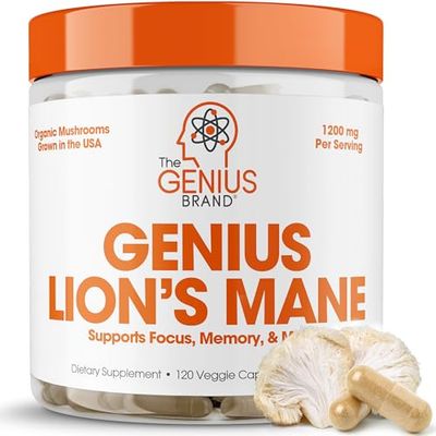 Genius Lion s Mane Supplement Capsules - Organic Full Spectrum Mushrooms for Cognition, Focus Memory - 1,200mg Per Serving, 120 Count 60 Servings - Grown in The USA