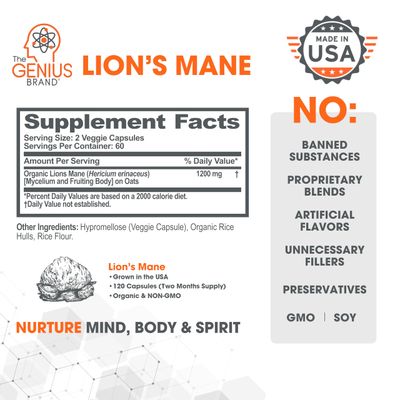 Genius Lion s Mane Supplement Capsules - Organic Full Spectrum Mushrooms for Cognition, Focus Memory - 1,200mg Per Serving, 120 Count 60 Servings - Grown in The USA
