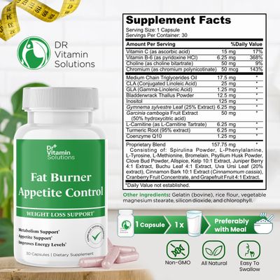 Dr. Vitamin Fat Burner Appetite Control Weight Loss Supplements for Women Men - Metabolism Booster w L-Carnitine, CLA, Chromium - Appetite Suppressant for Weight Loss - 30 Belly Fat Diet Pills