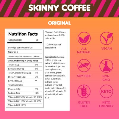 Skinny Boost Skinny Coffee- Unflavored Instant Sticks Made with Arabica Coffee, Garcinia Cambogia, Green Tea Extract, Coffee Bean Extract, and Prebiotics- Keto Friendly. 28 Packets