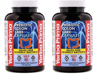 Yerba Prima Prebiotic Colon Care Capsules - 180 Count Pack of 2, Gluten Free, Proudly Made in The USA, Non-GMO, Soluble Insoluble Fiber, Supports A Healthy Functioning Colon