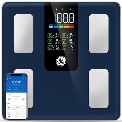 GE Scale for Body Weight Smart: Digital Bathroom Body Fat Scales for BMI Muscle Bluetooth Smart Weight Monitor 11.8 Large Platform Accurate Weighing Machine Health Analyzer with App 500lbs Black