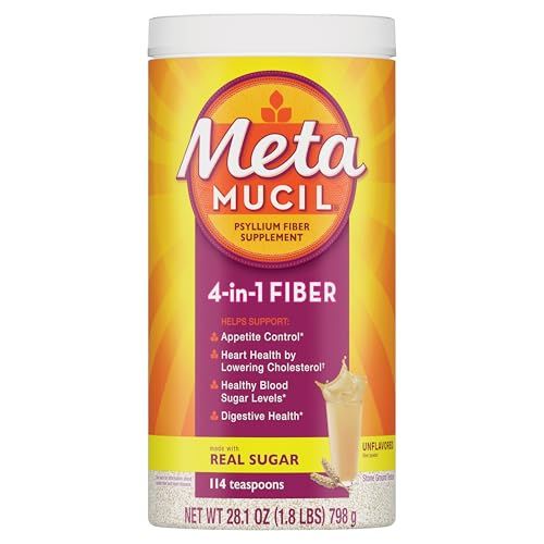 Metamucil, Daily Psyllium Husk Powder Supplement with Real Sugar, 4-in-1 Fiber for Digestive Health, Orange Smooth Flavored Drink, 114 Servings