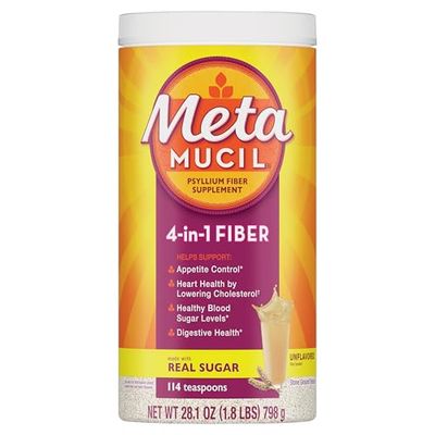 Metamucil, Daily Psyllium Husk Powder Supplement with Real Sugar, 4-in-1 Fiber for Digestive Health, Orange Smooth Flavored Drink, 114 Servings