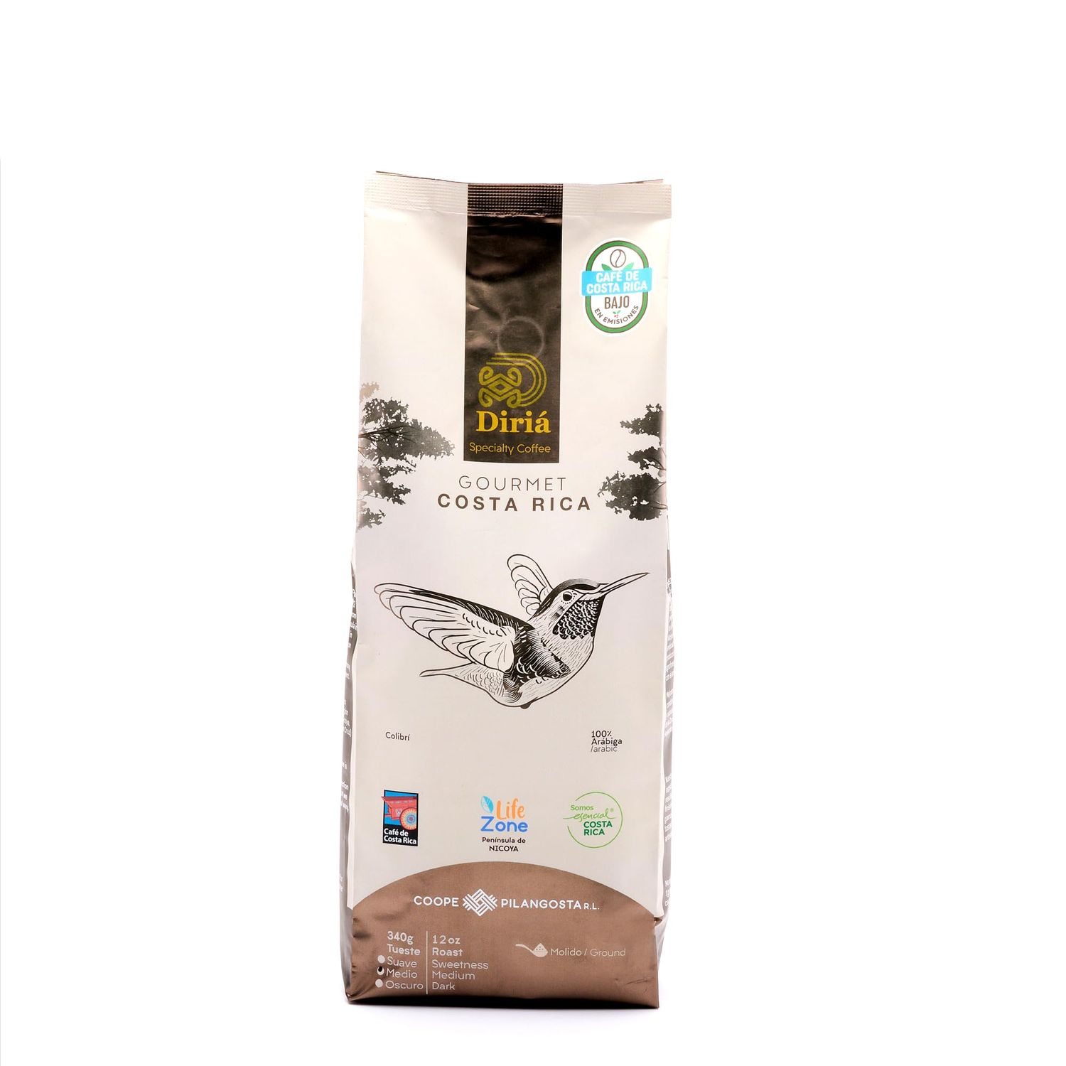 Diri Gourmet - Costa Rican Specialty Coffee - 100 Arabica Ground Coffee - Washed Process, Smooth Balanced with Notes of Chocolate Almond Caramel - Harvested in Blue Zone, Nicoya 12oz