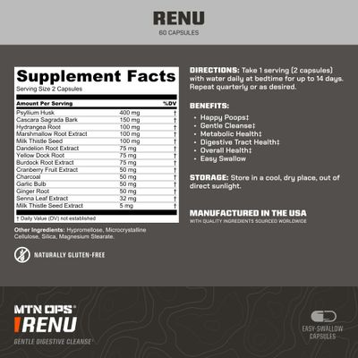 MTN OPS Renu for Gentle Digestive Cleanse, Psyllium Husk Powder for Digestive Health Metabolism Booster, 60 Capsules, 30 Servings