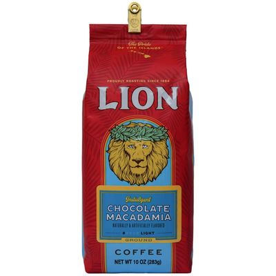 Lion Coffee Chocolate Macadamia Nut Flavored Coffee Ground, Light Medium Roast, International Blend, 10oz Bag