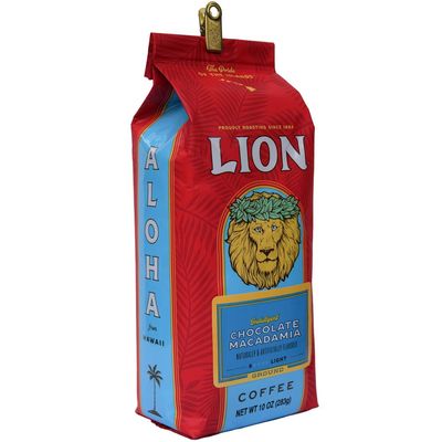 Lion Coffee Chocolate Macadamia Nut Flavored Coffee Ground, Light Medium Roast, International Blend, 10oz Bag