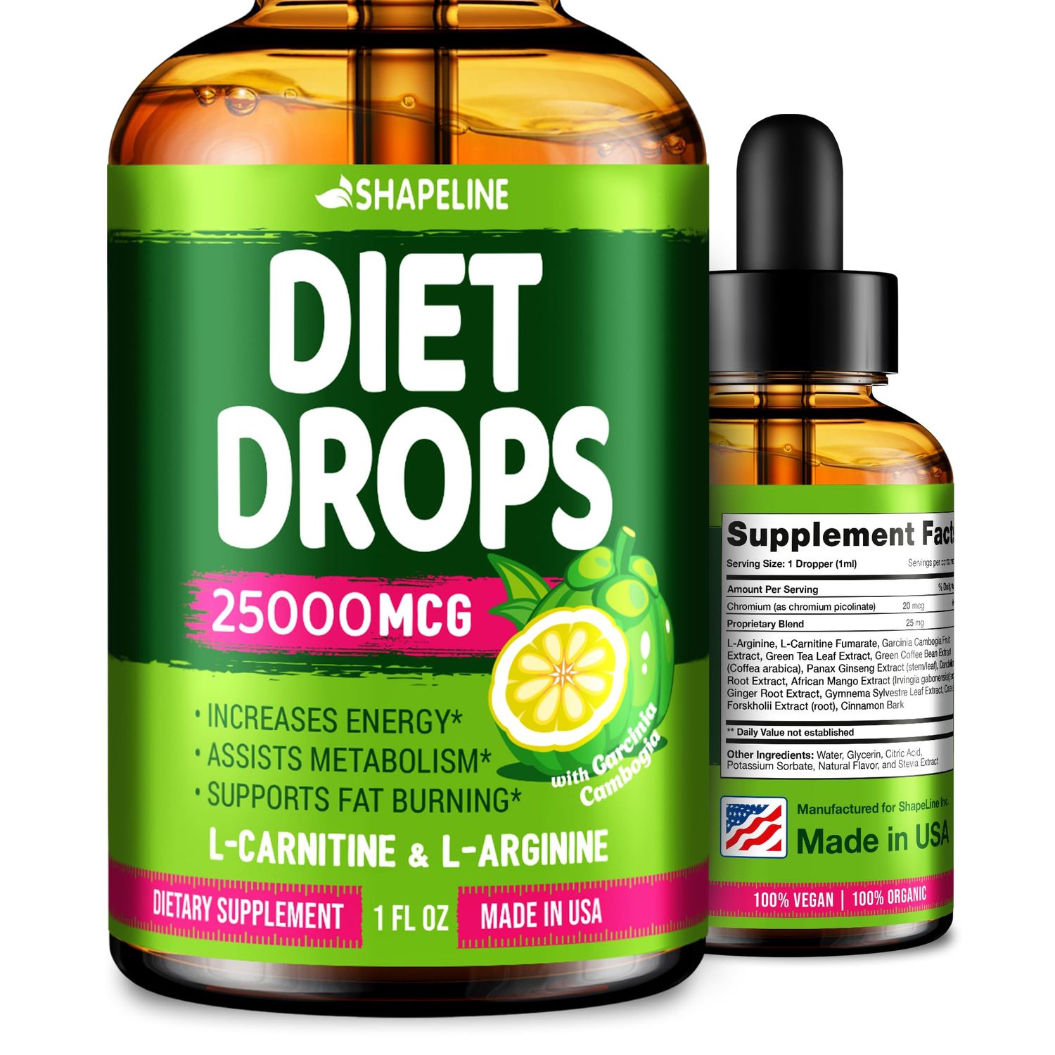 SHAPELINE Diet Drops - Appetite Suppressant for Women Men - Made in The USA - Natural Metabolism Booster - Diet Drops with Garcinia Cambogia 1 Fl Oz