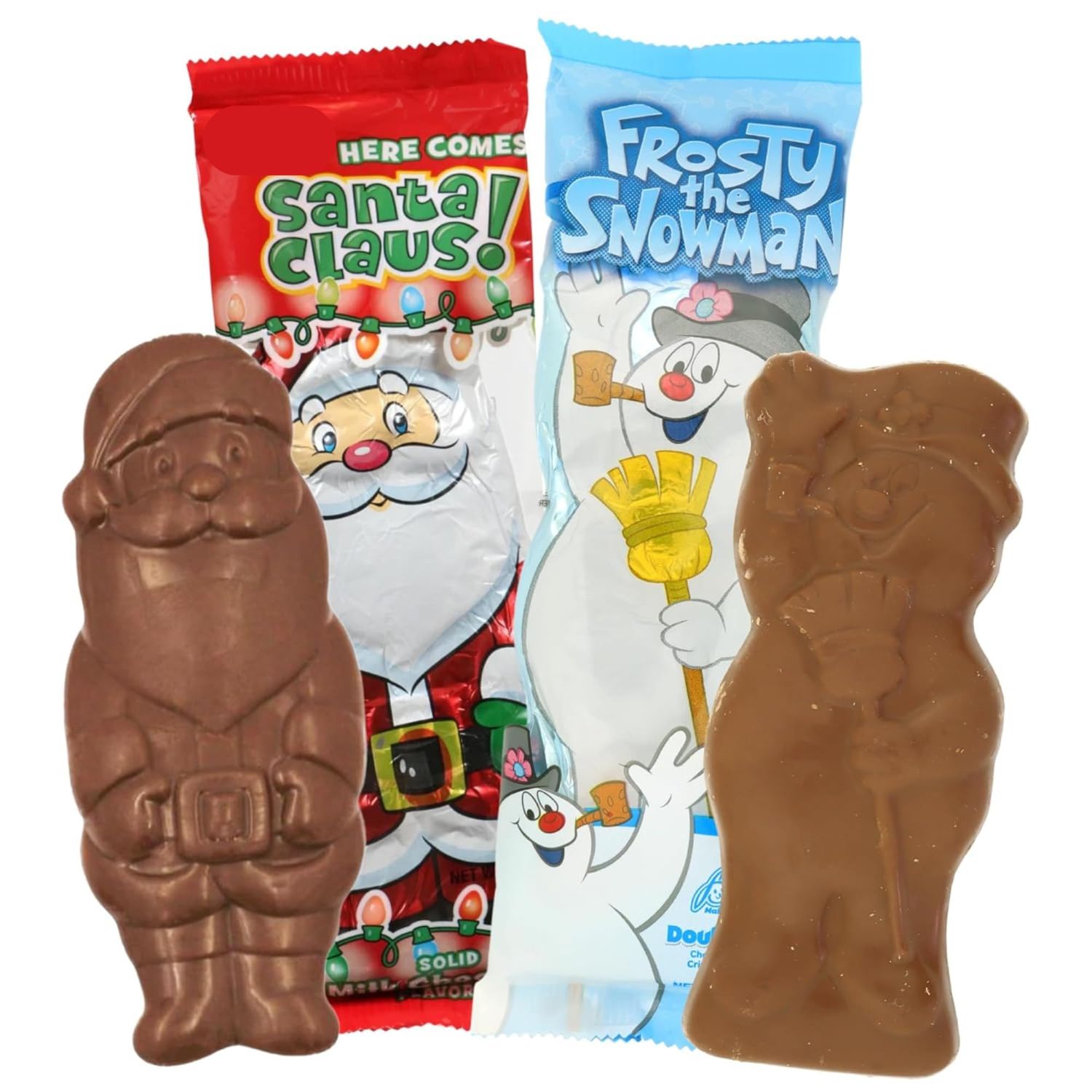 Sweetzo Festive Christmas Candy Bars, Snowman and Santa Shaped Solid Milk Chocolate, Stocking Stuffers - 2 Ounces Each Pack of 2
