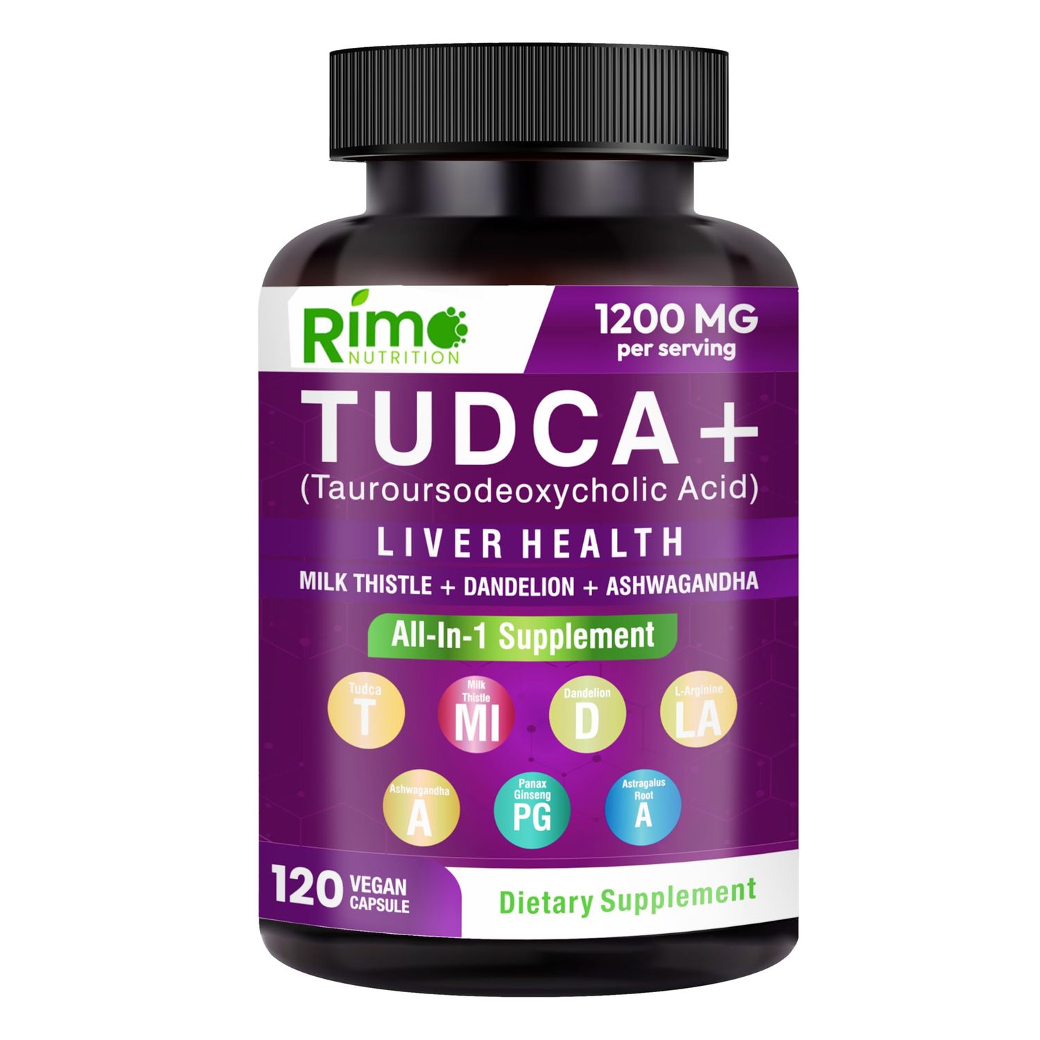 Rimo Nutrition - Tudca Supplement, with Milk Thistle, Dandelion. L Arginine, Ashwagandha, Panax Ginseng Root, Astragalus Root 1200 mg Per Serving 120 Capsules