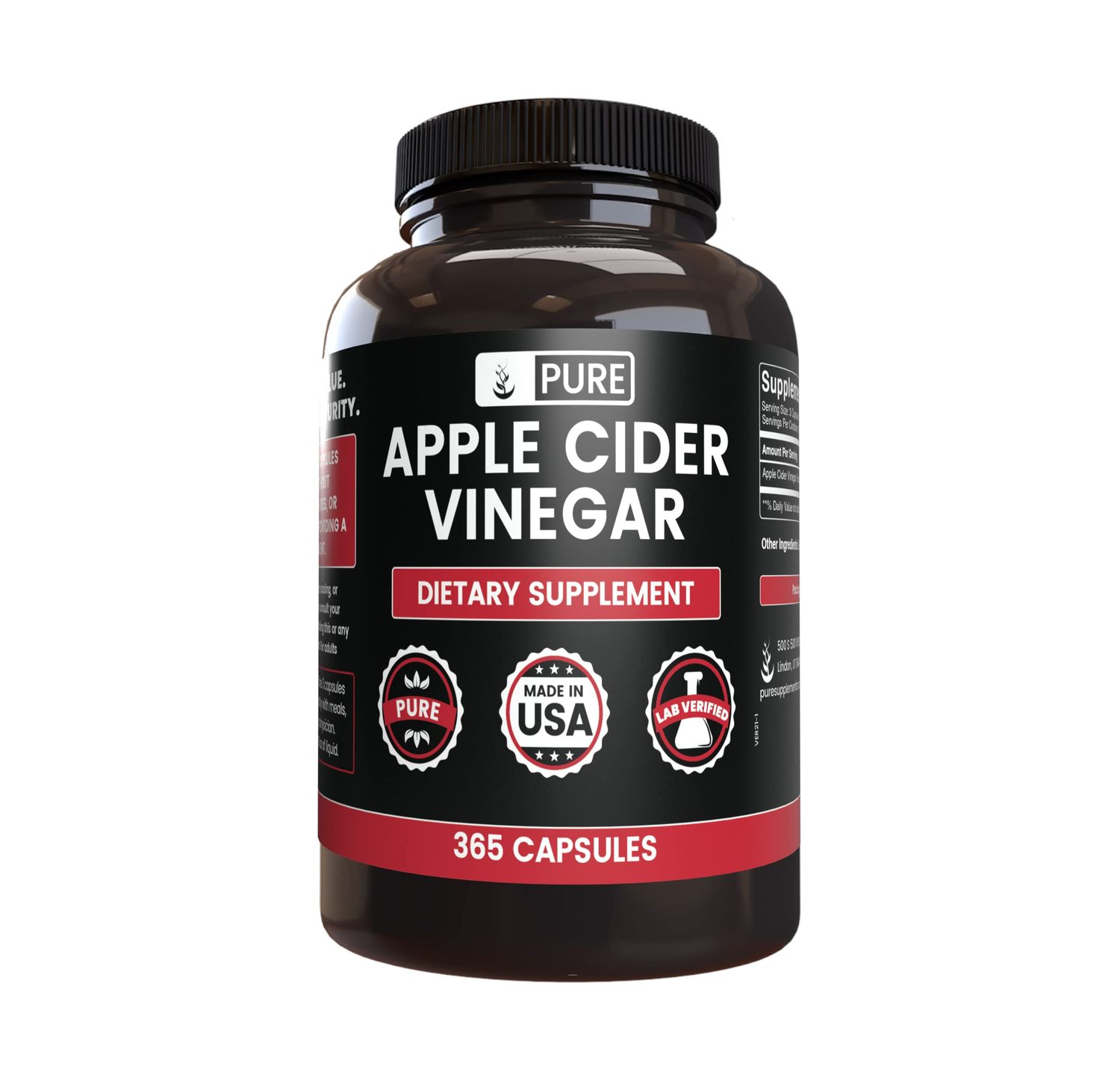 Pure Original Ingredients Apple Cider Vinegar 365 Capsules No Magnesium Or Rice Fillers, Always Pure, Lab Verified